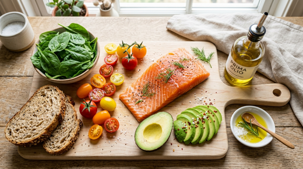 Close-up flat lay of fresh, premium lunch ingredients includ