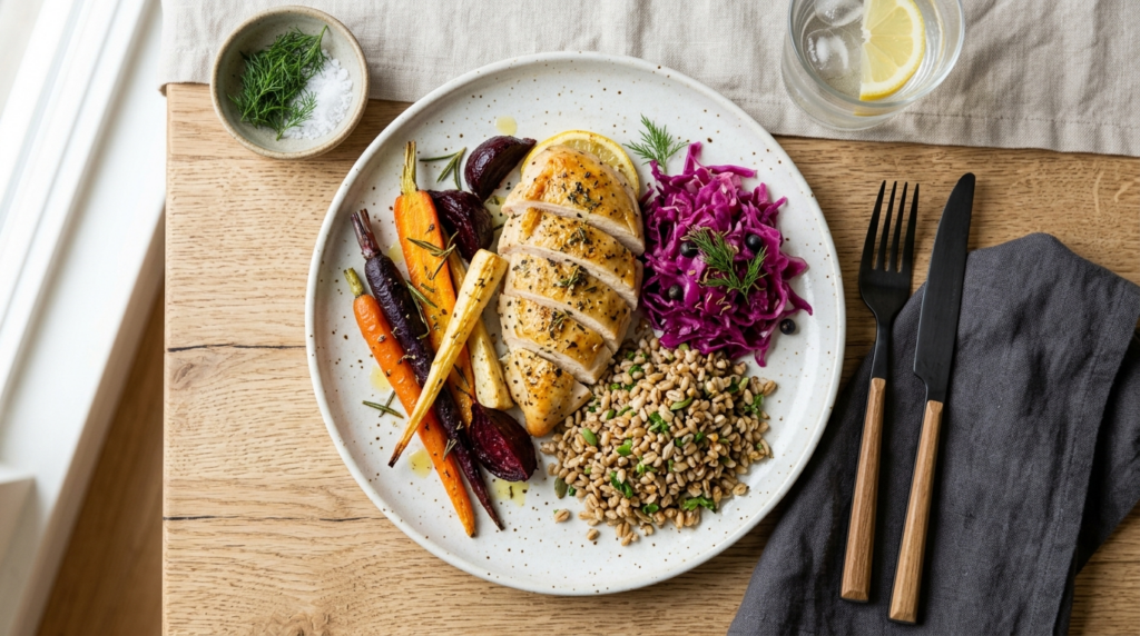 Overhead shot of a Nordic-inspired lunch plate featuring lea